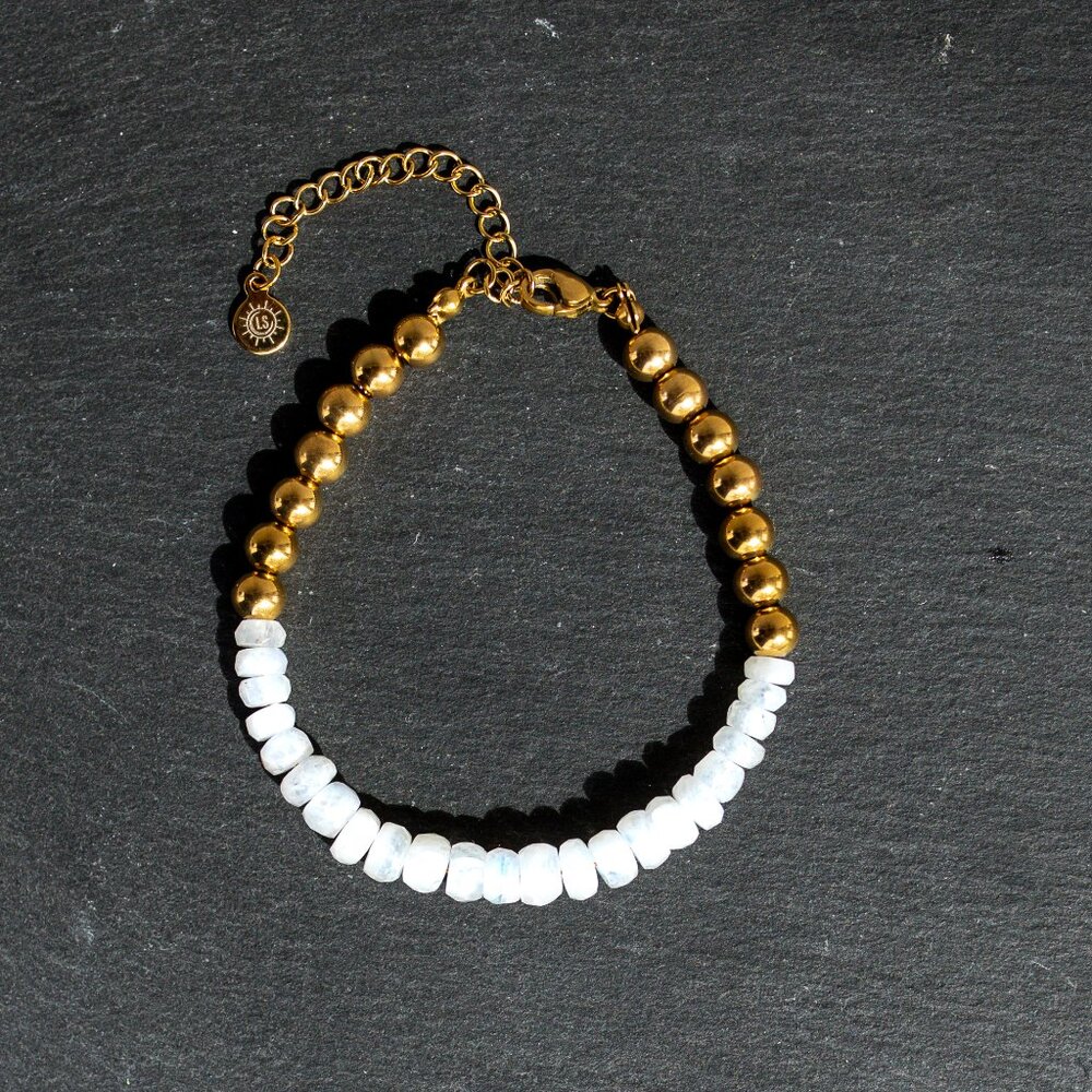 Moonstone Beaded Bracelets half Gold Beads WATERPROOF Stacking Bracelets